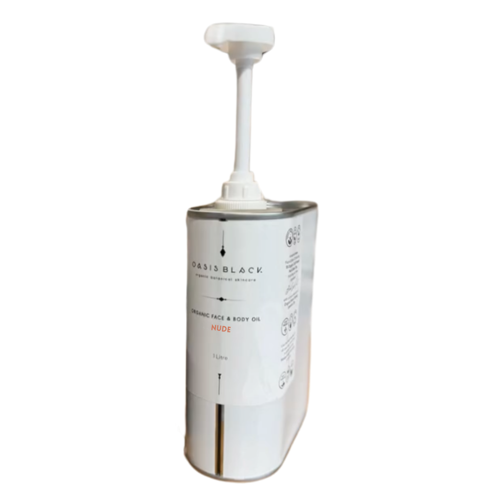 A 1L recyclable tin of Oasis Blac's 100% Organic and All Natural Face & Body Oil Featuring Black Seed Oil in NUDE. Refill your own bottle! Nude carries a neutral, slightly nutty scent and has no essential oils but extra Red Raspberry Seed and Blueberry Seed Oils instead. Available exclusively from Oasis Black - makers of All Natural and Organic Botanical Skincare featuring Black Seeds (Nigella Sativa). Handmade in small batches to waterless formulations in the Byron Bay Hinterland.