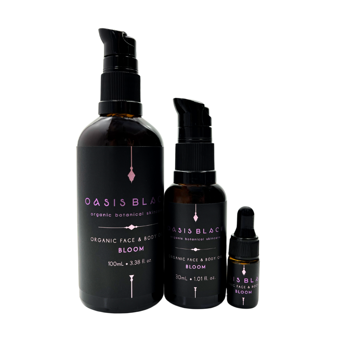 100% Organic and All Natural Face & Body Oil Featuring Black Seed Oil – BLOOM – Scent of Spring Blossoms packaged in 3ml, 30ml or 100ml Amber Glass Bottles - Non Greasy, Multi-Purpose, Fast Absorbing, Vegan Friendly, Nutrient Dense, Eco-friendly, Sustainable, Waterless and Unisex Skincare Oils made by Oasis Black – Organic Botanical Skincare - Born in Morocco, Made in small handmade batches in the Byron Bay region