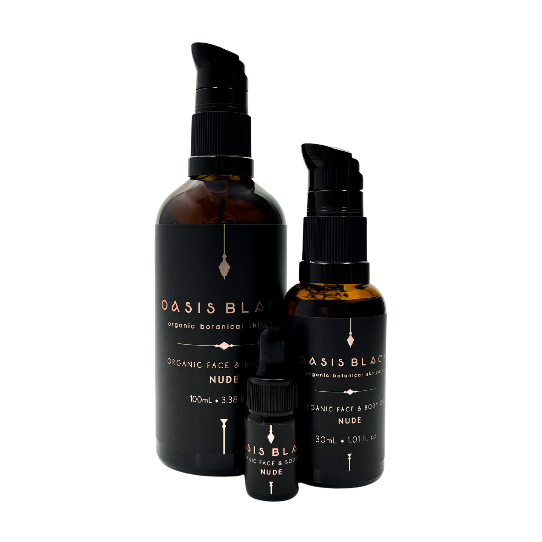 100% Organic and All Natural Face & Body Oil Featuring Black Seed Oil – NUDE – Slightly nutty neutral scent with No Essential Oils packaged in 3ml, 30ml or 100ml Amber Glass Bottles - Non Greasy, Multi-Purpose, Fast Absorbing, Vegan Friendly, Nutrient Dense, Eco-friendly, Sustainable, Waterless and Unisex Skincare Oils made by Oasis Black – Organic Botanical Skincare - Born in Morocco, Made in small handmade batches in the Byron Bay region