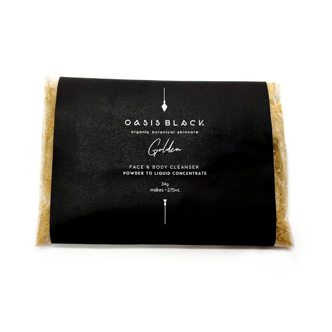 Organic & All Natural Face & Body Cleanser Featuring Black Seed Oil – Golden Powder to Liquid Cleanser Concentrate – Full Size Back - Multipurpose Cleanser, Zero Waste, Plastic Free, Home Compostable Packaging, Vegan Friendly, Waterless, Unisex, Travel Friendly - Oasis Black – Organic Botanical Skincare Born in Morocco, Made in Byron Bay
