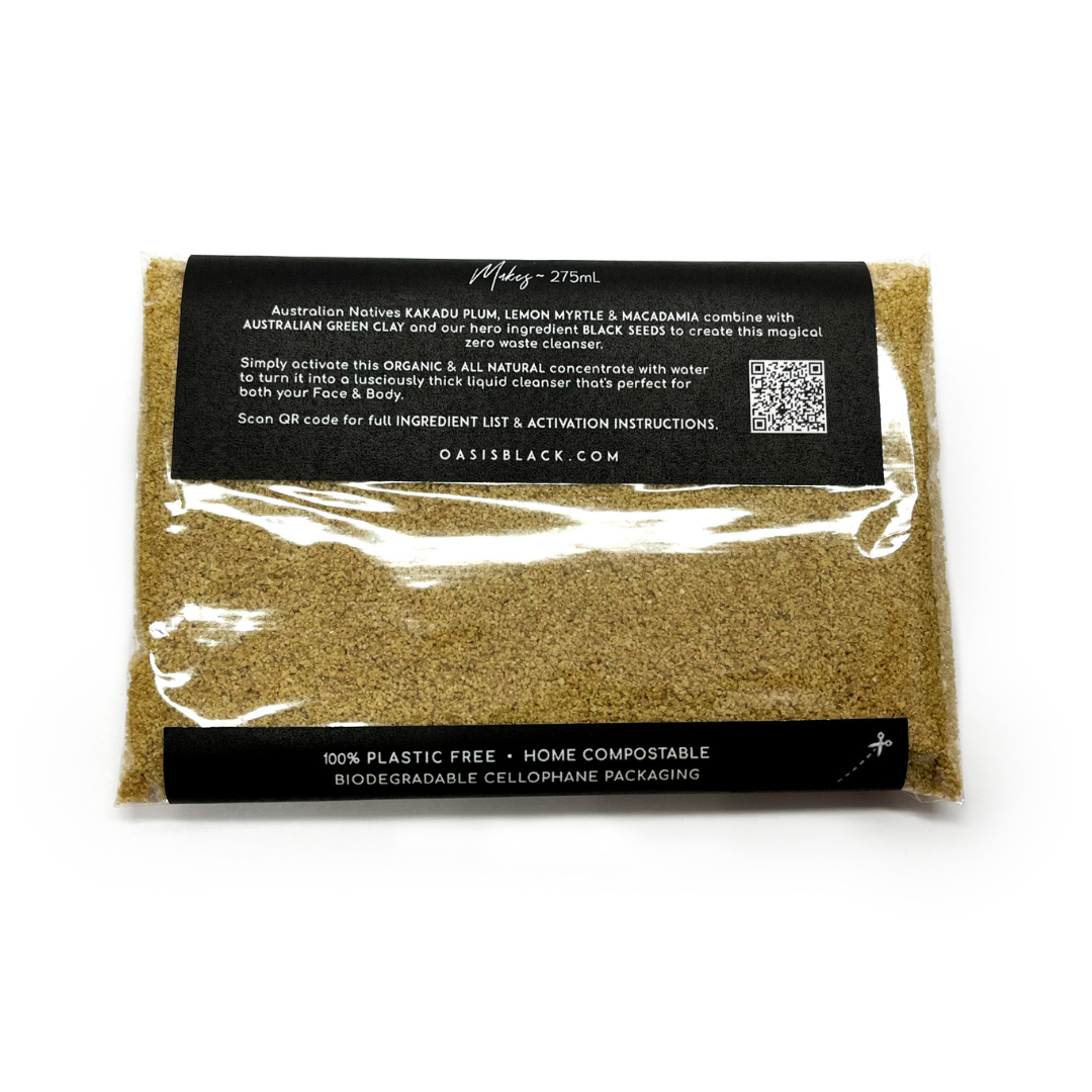 Organic & All Natural Face & Body Cleanser Featuring Black Seed Oil – Native Powder to Liquid Cleanser Concentrate – Full Size Back - Multipurpose Cleanser, Zero Waste, Plastic Free, Home Compostable Packaging, Vegan Friendly, Waterless, Unisex, Travel Friendly - Oasis Black – Organic Botanical Skincare Born in Morocco, Made in Byron Bay