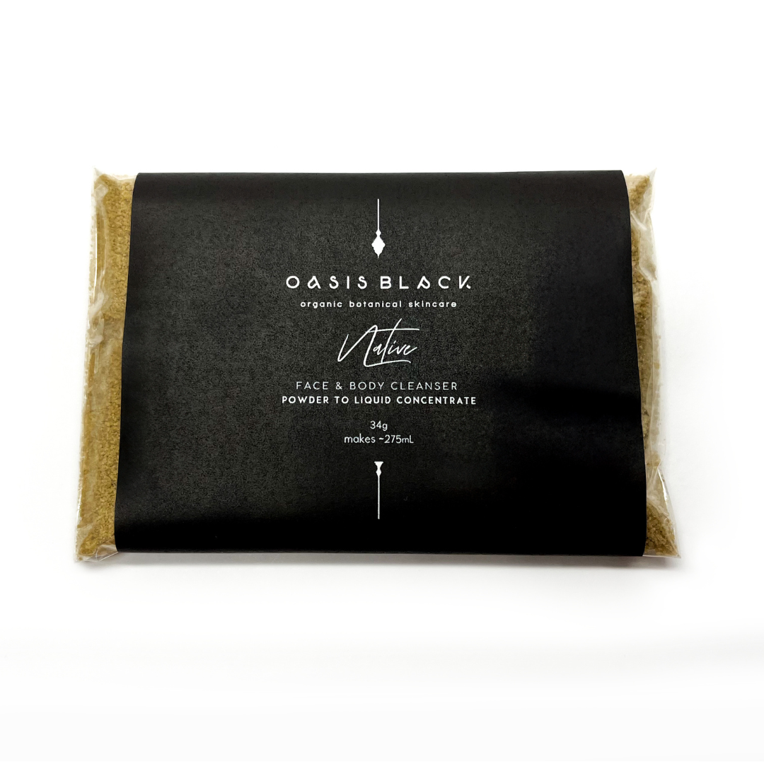 Organic & All Natural Face & Body Cleanser Featuring Black Seed Oil – Native Powder to Liquid Cleanser Concentrate – Full Size Front - Multipurpose Cleanser, Zero Waste, Plastic Free, Home Compostable Packaging, Vegan Friendly, Waterless, Unisex, Travel Friendly - Oasis Black – Organic Botanical Skincare Born in Morocco, Made in Byron Bay