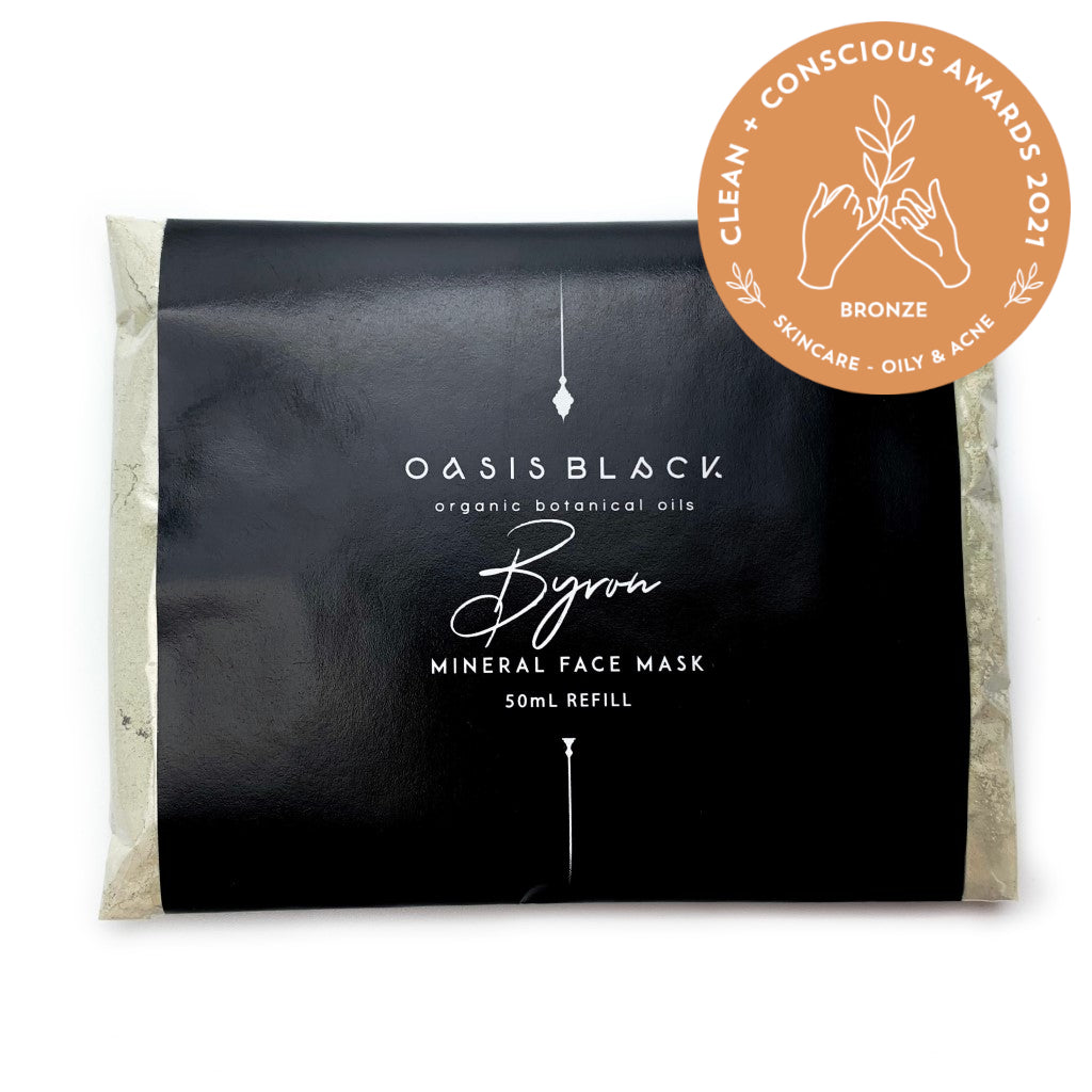 Organic & All Natural Powdered Mud Masks featuring Black Seeds – Byron Mineral Clay Face Mask – Refill Size - Zero Waste, Plastic Free, Home Compostable Packaging, Vegan Friendly, Waterless Skincare, Unisex, Travel Friendly - Oasis Black – Organic Botanical Skincare Born in Morocco, Made in Byron Bay - Oily & Acne Skincare BRONZE WINNER Clean + Conscious Awards 2021