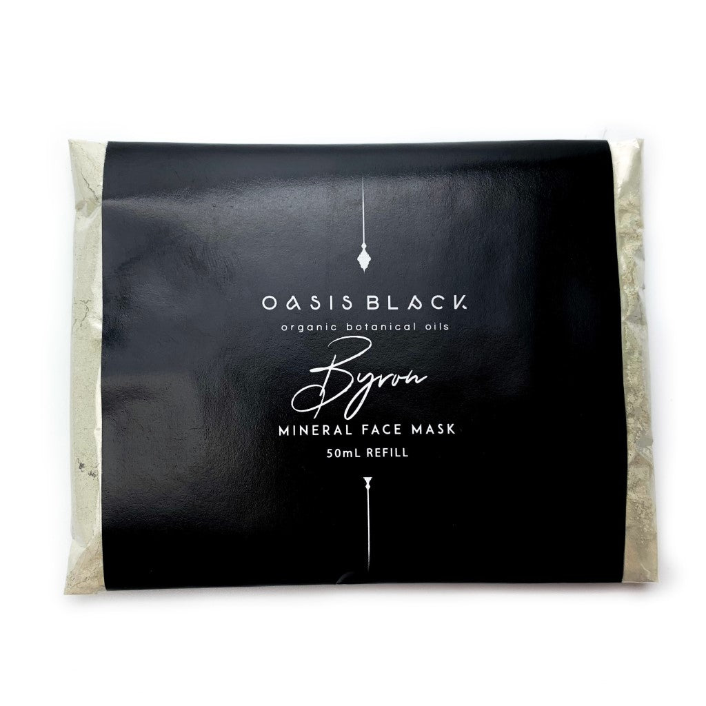 50ml Refill size, plastic free & home compostable sachet of Oasis Black's Powdered Clay Mud Mask in Byron. Byron is a stormy turquoise coloured mask activated with water and featuring French Green Clay, Spirulina, Blue Butterfly Pea Flower, Lemon Myrtle and Black Seeds. Available exclusively from Oasis Black - makers of All Natural and Organic Botanical Skincare featuring Black Seeds (Nigella Sativa). Handmade in small batches to waterless formulations in the Byron Bay Hinterland. 