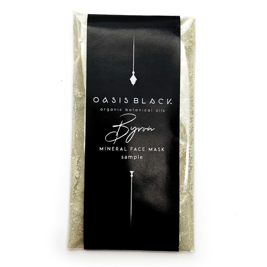 Sample size, plastic free & home compostable sachet of Oasis Black's Powdered Clay Mud Mask in Byron. Byron is a stormy turquoise coloured mask activated with water and featuring French Green Clay, Spirulina, Blue Butterfly Pea Flower, Lemon Myrtle and Black Seeds. Available exclusively from Oasis Black - makers of All Natural and Organic Botanical Skincare featuring Black Seeds (Nigella Sativa). Handmade in small batches to waterless formulations in the Byron Bay Hinterland. 