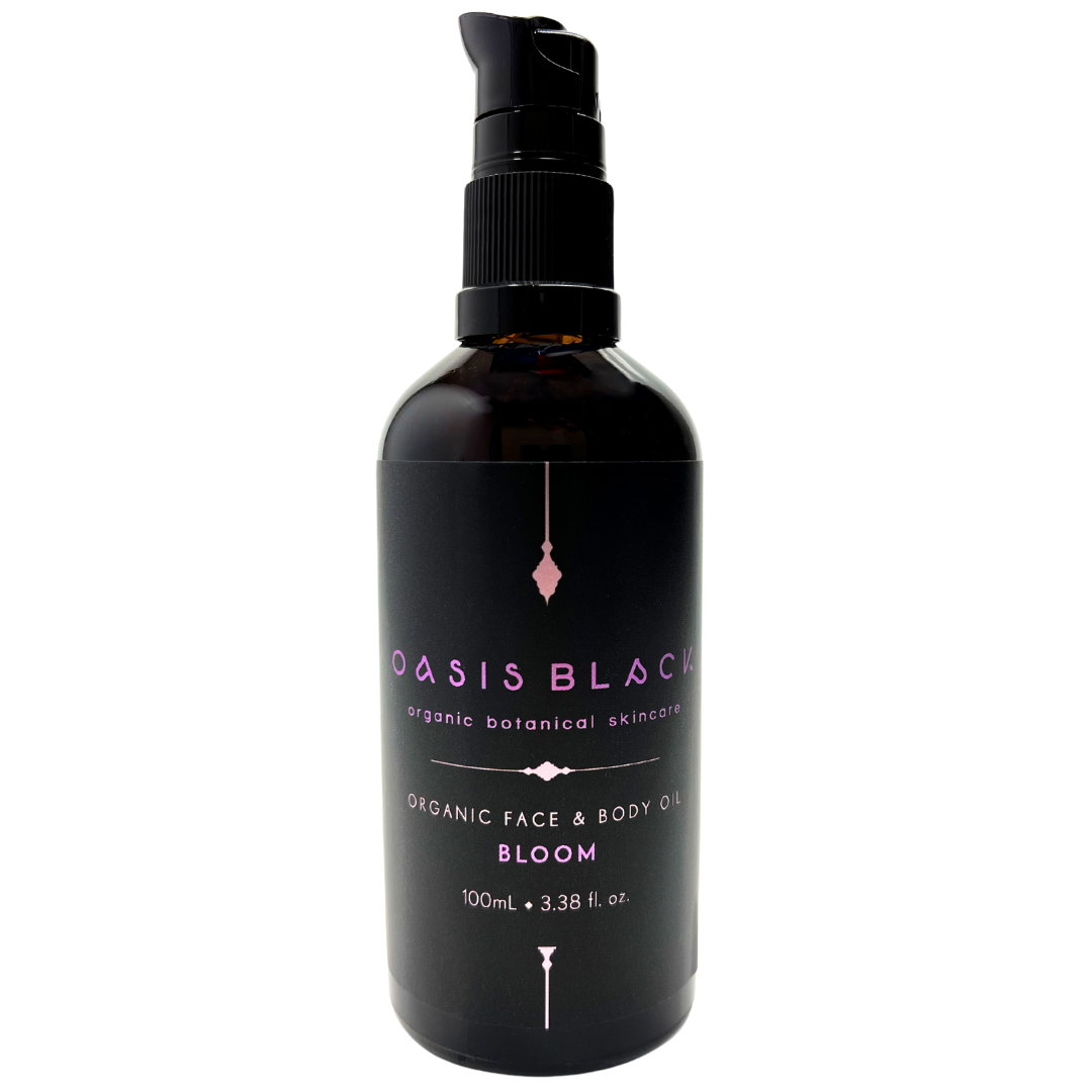 100% Organic and All Natural Face & Body Oil Featuring Black Seed Oil – BLOOM – Scent of Spring Blossoms packaged in 100ml Amber Glass Bottle - Non Greasy, Multi-Purpose, Fast Absorbing, Vegan Friendly, Nutrient Dense, Eco-friendly, Sustainable, Waterless and Unisex Skincare Oils made by Oasis Black – Organic Botanical Skincare - Born in Morocco, Made in small handmade batches in the Byron Bay region