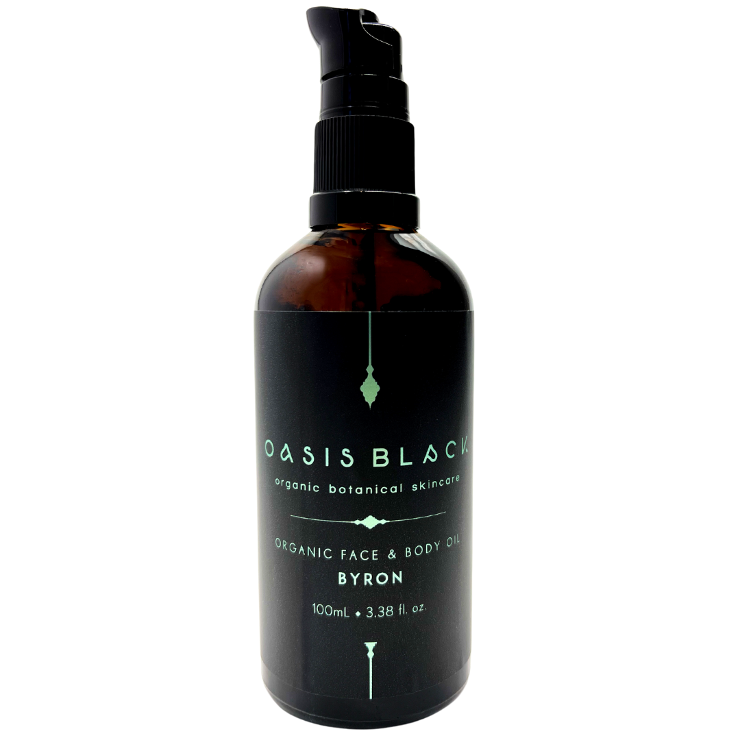 100% Organic and All Natural Face & Body Oil Featuring Black Seed Oil – BYRON – Scent of inspired by Byron Bay packaged in 100ml Amber Glass Bottle - Non Greasy, Multi-Purpose, Fast Absorbing, Vegan Friendly, Nutrient Dense, Eco-friendly, Sustainable, Waterless and Unisex Skincare Oils made by Oasis Black – Organic Botanical Skincare - Born in Morocco, Made in small handmade batches in the Byron Bay region