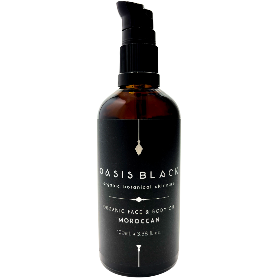 100% Organic and All Natural Face & Body Oil Featuring Black Seed Oil – MOROCCAN – Scent inspired by Morocco packaged in 100ml Amber Glass Bottle - Non Greasy, Multi-Purpose, Fast Absorbing, Vegan Friendly, Nutrient Dense, Eco-friendly, Sustainable, Waterless and Unisex Skincare Oils made by Oasis Black – Organic Botanical Skincare - Born in Morocco, Made in small handmade batches in the Byron Bay region
