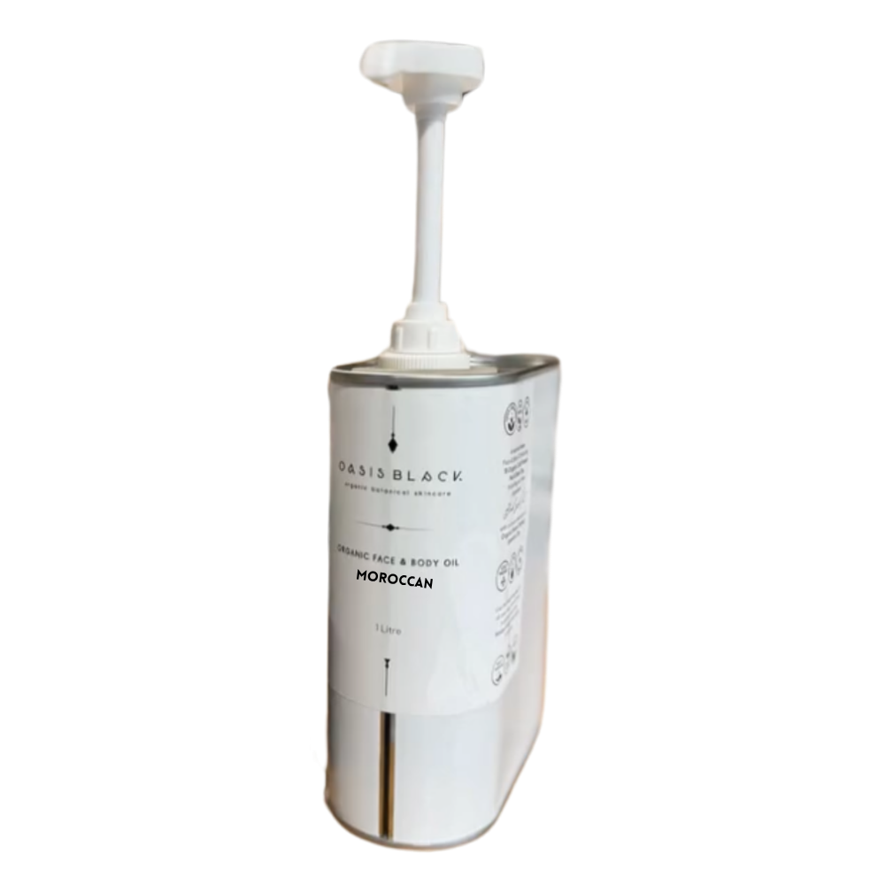 A 1L recyclable tin of Oasis Blac's 100% Organic and All Natural Face & Body Oil Featuring Black Seed Oil in MOROCCAN. Refill your own bottle! Moroccan has an Earthy, Sweet Spice & Peppery scent comprised with Essential Oils of Frankincense, Carrot Seed, Lavender & Ylang Ylang. Available exclusively from Oasis Black - makers of All Natural and Organic Botanical Skincare featuring Black Seeds (Nigella Sativa). Handmade in small batches to waterless formulations in the Byron Bay Hinterland.