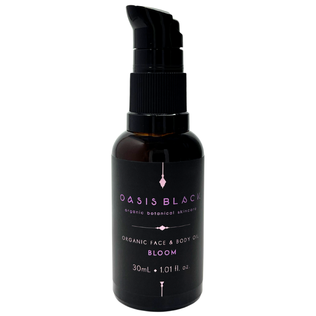 100% Organic and All Natural Face & Body Oil Featuring Black Seed Oil – BLOOM – Scent of Spring Blossoms packaged in 30ml Amber Glass Bottle - Non Greasy, Multi-Purpose, Fast Absorbing, Vegan Friendly, Nutrient Dense, Eco-friendly, Sustainable, Waterless and Unisex Skincare Oils made by Oasis Black – Organic Botanical Skincare - Born in Morocco, Made in small handmade batches in the Byron Bay region