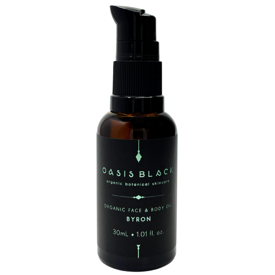 100% Organic and All Natural Face & Body Oil Featuring Black Seed Oil – BYRON – Scent of inspired by Byron Bay packaged in 30ml Amber Glass Bottle - Non Greasy, Multi-Purpose, Fast Absorbing, Vegan Friendly, Nutrient Dense, Eco-friendly, Sustainable, Waterless and Unisex Skincare Oils made by Oasis Black – Organic Botanical Skincare - Born in Morocco, Made in small handmade batches in the Byron Bay region