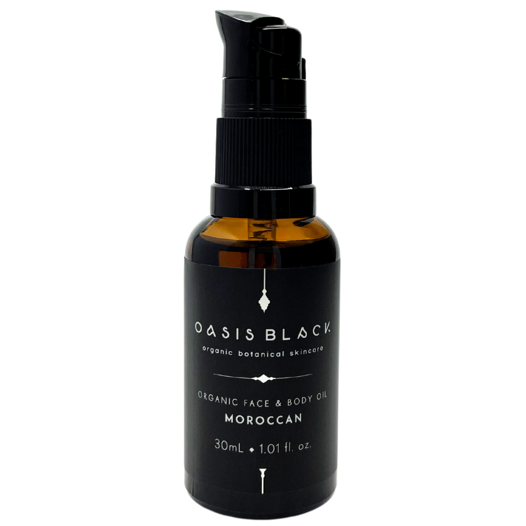100% Organic and All Natural Face & Body Oil Featuring Black Seed Oil – MOROCCAN – Scent inspired by Morocco packaged in 30ml Amber Glass Bottle - Non Greasy, Multi-Purpose, Fast Absorbing, Vegan Friendly, Nutrient Dense, Eco-friendly, Sustainable, Waterless and Unisex Skincare Oils made by Oasis Black – Organic Botanical Skincare - Born in Morocco, Made in small handmade batches in the Byron Bay region