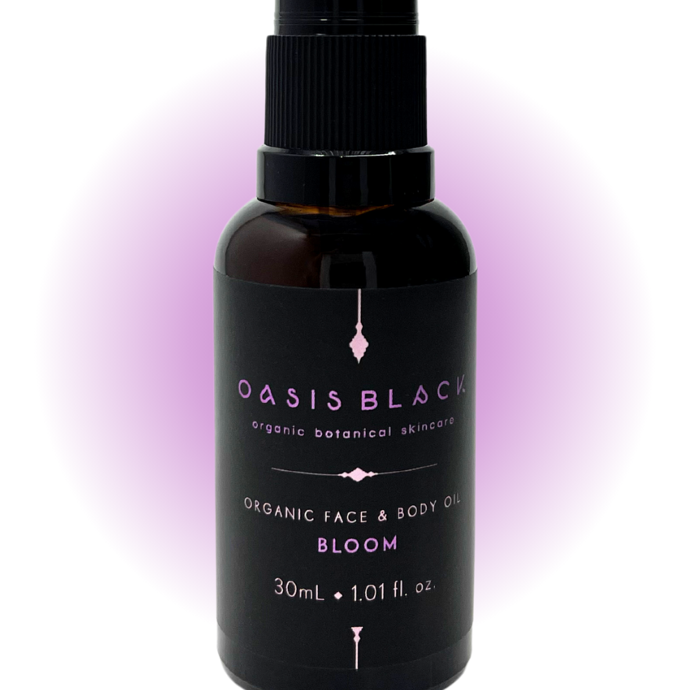 100% Organic and All Natural Face & Body Oil Featuring Black Seed Oil – BLOOM – Scent of Spring Blossoms with Blue Tansy, Sweet Marjoram, Neroli, Ylang Ylang and Geranium packaged in 30ml Amber Glass Bottle - Non Greasy, Multi-Purpose, Fast Absorbing, Vegan Friendly, Nutrient Dense, Eco-friendly, Sustainable, Waterless and Unisex Skincare Oils made by Oasis Black – Organic Botanical Skincare - Born in Morocco, Made in small handmade batches in the Byron Bay region