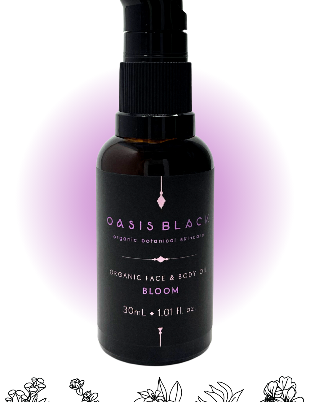 100% Organic and All Natural Face & Body Oil Featuring Black Seed Oil – BLOOM – Scent of Spring Blossoms with Blue Tansy, Sweet Marjoram, Neroli, Ylang Ylang and Geranium packaged in 30ml Amber Glass Bottle - Non Greasy, Multi-Purpose, Fast Absorbing, Vegan Friendly, Nutrient Dense, Eco-friendly, Sustainable, Waterless and Unisex Skincare Oils made by Oasis Black – Organic Botanical Skincare - Born in Morocco, Made in small handmade batches in the Byron Bay region