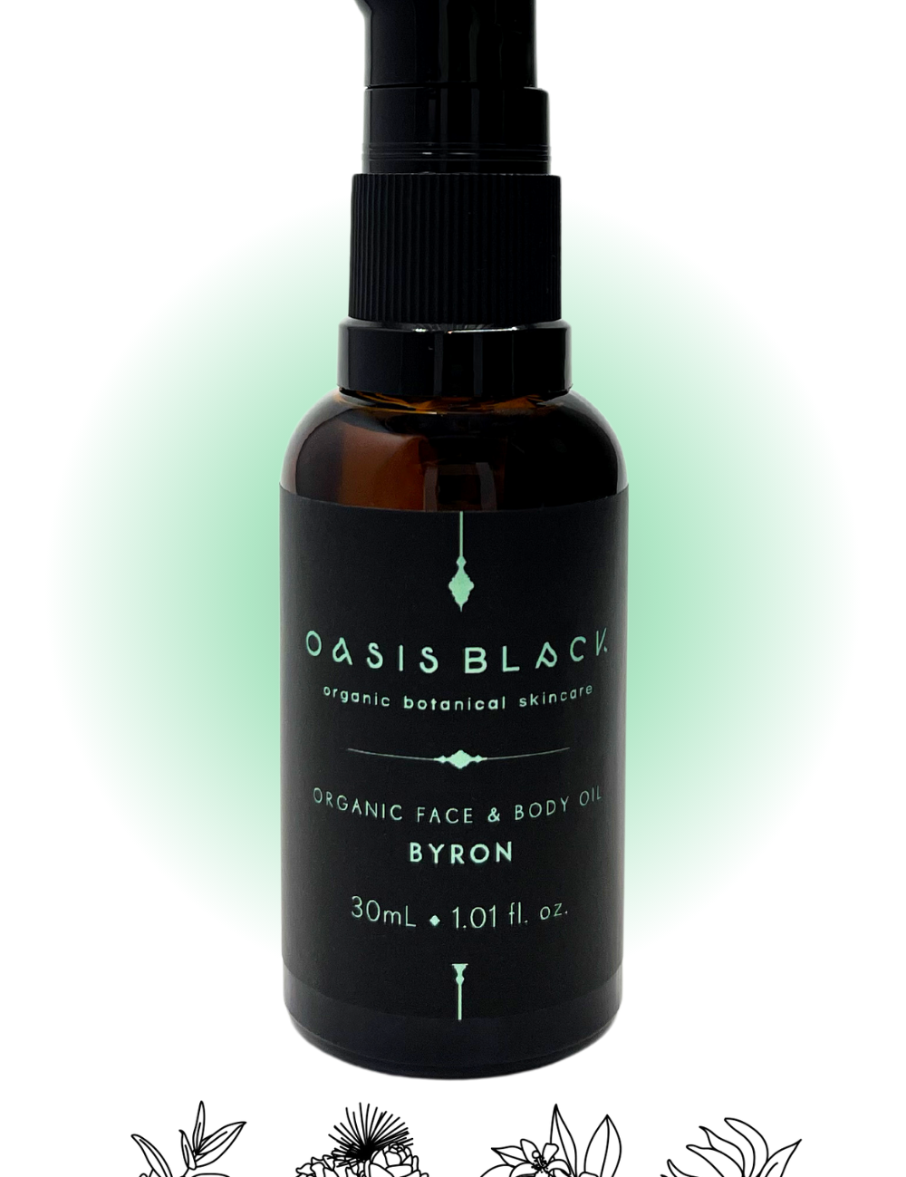 100% Organic and All Natural Face & Body Oil Featuring Black Seed Oil – BYRON – Scent inspired by Byron Bay with Lemon Myrtle, Neroli, Ylang Ylang and Cedarwood packaged in 30ml Amber Glass Bottle - Non Greasy, Multi-Purpose, Fast Absorbing, Vegan Friendly, Nutrient Dense, Eco-friendly, Sustainable, Waterless and Unisex Skincare Oils made by Oasis Black – Organic Botanical Skincare - Born in Morocco, Made in small handmade batches in the Byron Bay region